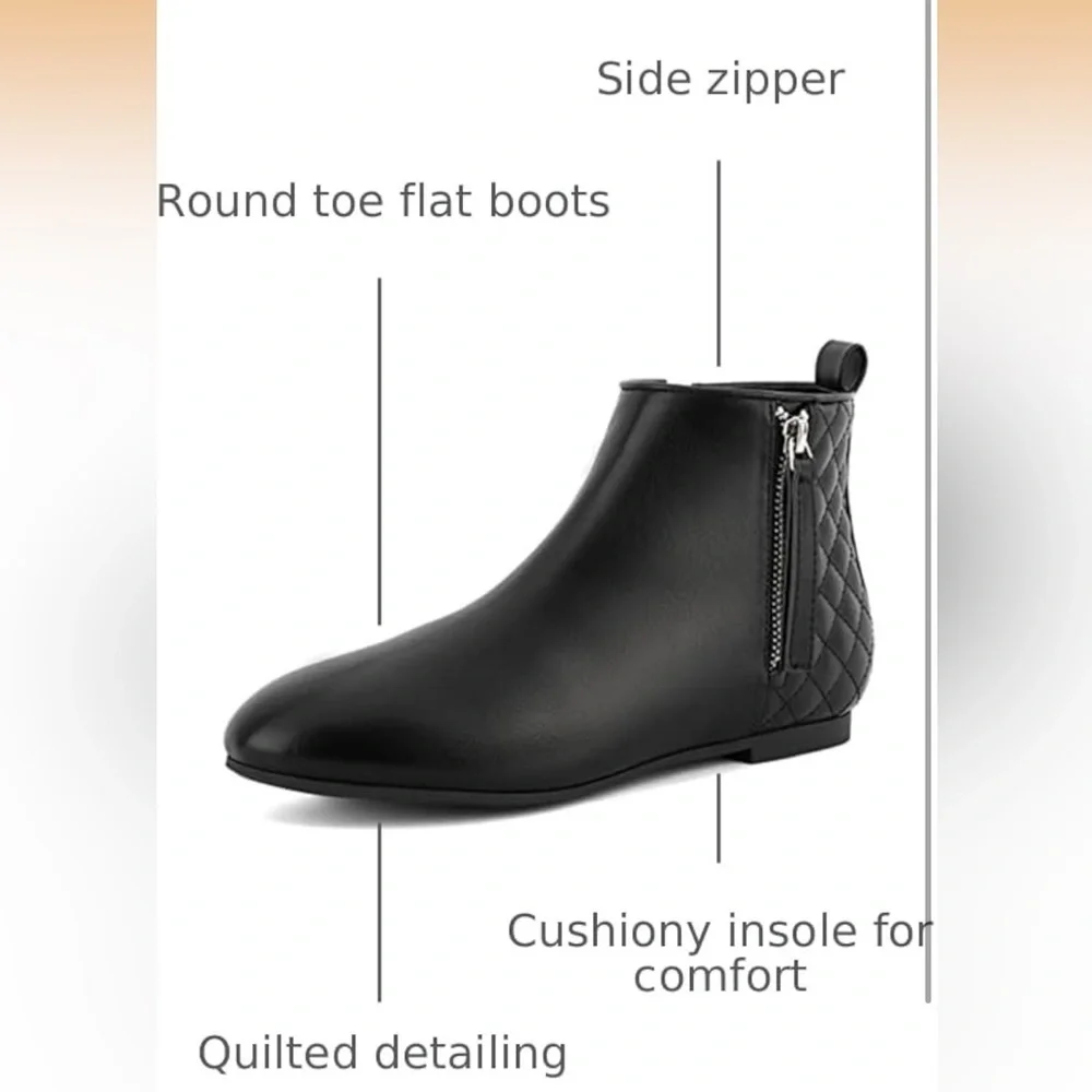MaxMuxun Ankle Boots Flat Low Heel Booties W/Side Zipper Black PU Size 6.5 / 499